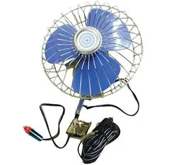 12V oscillating fan for camping comfort.