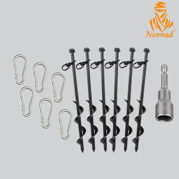Soft Ground Spiral Peg Set – 6 Heavy-Duty Drill Pegs + Drill Adaptor + Snap Hooks