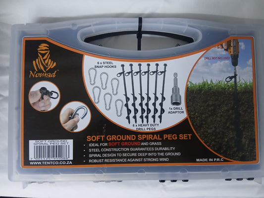 Soft Ground Spiral Peg Set – 6 Heavy-Duty Drill Pegs + Drill Adaptor + Snap Hooks